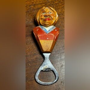 Vintage Hand Carved Wood Woman with Bun Bottle Opener